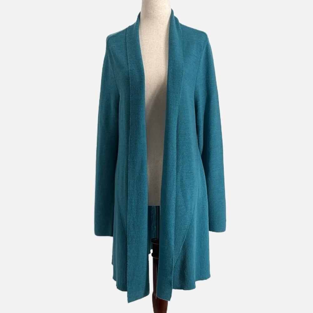 Eileen Fisher Merino Wool Long Line Open Cardigan Teal Size Large